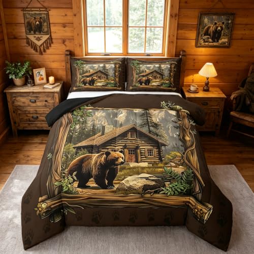 Cabin Bear Comforter Set Western Bear Bedding Set Size Full Gray Brown Green