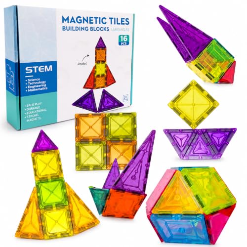 Image of Sky Tech Magnetic Tiles for Kids Magnetic Building Blocks for Kids 3 4 5 6 7 8 Yrs Constructing & Creative Learning Educational Brain Toys STEM Learning Kit Magnetic Toys (16 Pcs)