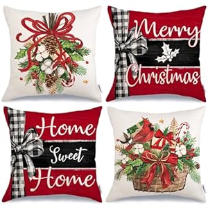GEEORY Merry Christmas Throw Pillow Covers 18×18 Inch Set of 4 Home Sweet Home Mistletoe Cardinal Stripes Winter Holiday Farmhouse Decorative Cushion Cases for Home Decoration G615 18