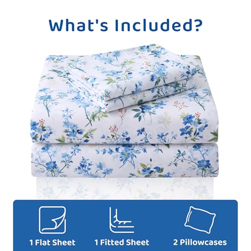 Image of Mooreeke Cozy Vintage Microfiber Printed Queen Sheet Set - Soft & Breathable Percale Blue Green Floral Bed Sheets with Extra Deep Pocket - Non-Slip Fitted Design - Blue Green Flower Pattern
