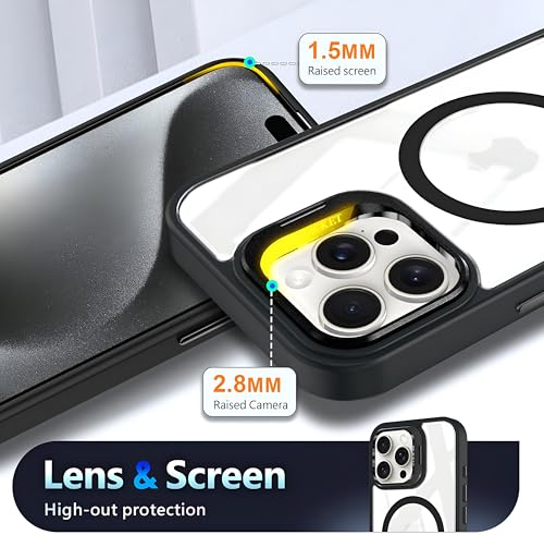 Image of Dsynk Gear Case Compatible with iPhone 15 Pro, Black | Magnetic Compatible with MagSafe | Built-in Stand & Camera Lens Protector | Anti-Yellowing & Scratch-Resistant Crystal Clear Back Cover
