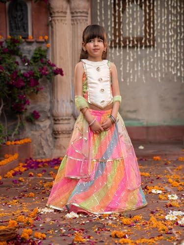 Image of Pspeaches Girls 3-Piece Halter Neck Sleevless Georgette Lehenga, Choli & Dupatta