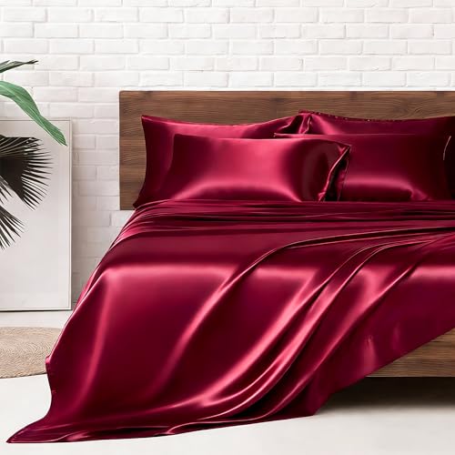 Image of MR&HM Satin Bed Sheets, Queen Size Sheets Set, 6 Pcs Silky Bedding Set with 15 Inches Deep Pocket for Mattress (Queen, Burgundy)