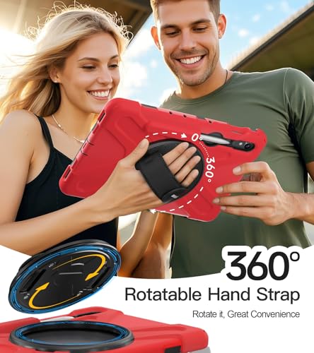 Image of BRAECN Case for Samsung Galaxy Tab S10 Lite / S10 FE / S9 FE 5G / S9 / S8 / S7 | 10.9 /11 inch Shockproof Heavy Duty Full Body Protective Cover with Hand Strap & Kickstand, Shoulder Strap, S Pen Holder Red