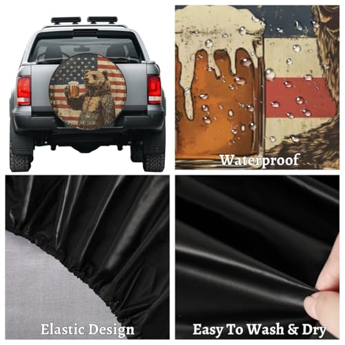 Image of Spare Tire Cover Bear American Flag Wheel Covers Protectors Waterproof Dust-Proof Universal Fit Trailer, RV, SUV and Many Vehicle (14 inch for tire Diameter 25.59 inch-27.16 inch)