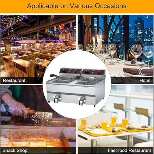 Kommerzielle Fritteuse, kommerzielle elektrische Fritteuse, 26 l, Doppeltank, schnelle Ölfritteuse für die Arbeitsplatte mit Körben, Abflüssen und Deckeln, einstellbare Temperatur, Edelstahl-Fritteu – Bild 7