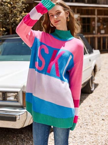 Image of Yousify Womens Sweaters Fall 2025 Oversized Color Block Ski Sweater Crewneck Winter Tops S-2XL