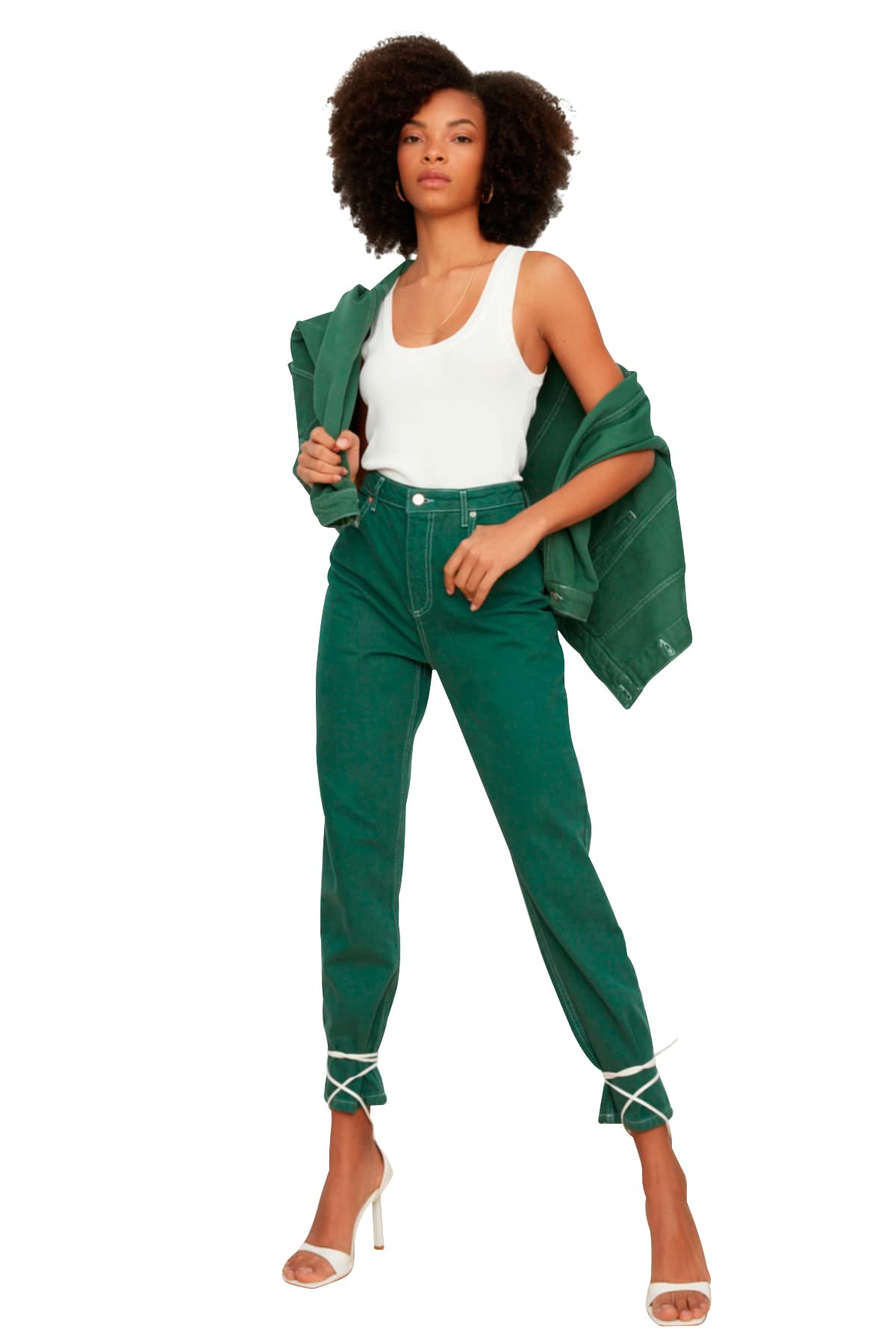 Trendyol Femme Vert Jean Coupe Bootcut À Fil Contrasté, Taille 36