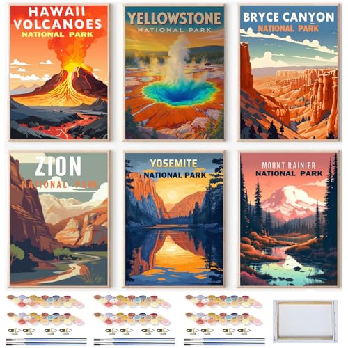 MXCFZX 6 Pack Framed Paint by Numbers Kit for Adults Beginner Easy National Park Adult Paint by Number Kits on Canvas National Park Landscape Oil Painting by Numbers for Home Decor Gift (8x12inch)