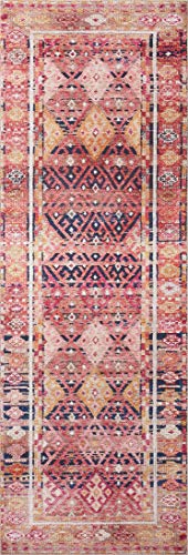 Loloi Layla Collection LAY-15 Magenta/Multi 2'-6" x 7'-6" .13" Thick Runner Rug, Soft, Durable, Vintage Inspired, Distressed, Low Pile, Non-Shedding, Easy Clean, Printed, Living Room Rug