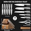 Knife Block Set with Two-stage Sharpener, 14-Piece | Razor Sharp Japanese Stainless Steel Kitchen Knives with Ergonomic Handles
