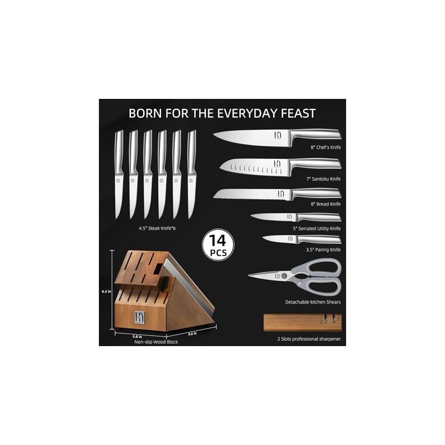 Knife Block Set with Two-stage Sharpener, 14-Piece | Razor Sharp Japanese Stainless Steel Kitchen Knives with Ergonomic Handles
