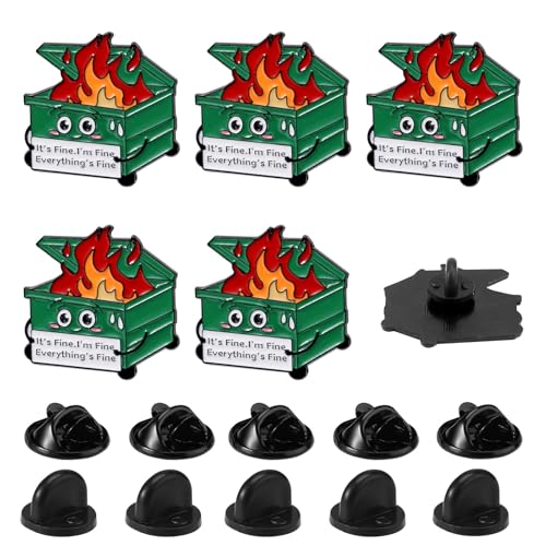 Image of 5pcs Positive Enamel Dumpster Fire Pins, Black Dumpster Fire Pin Enamel Lapel Pin It's Fine I'm Fine Everything Is Fine Pins Dumpster Flame Brooch Dumpster Fire Jewelry Ornament Gift for Coworker