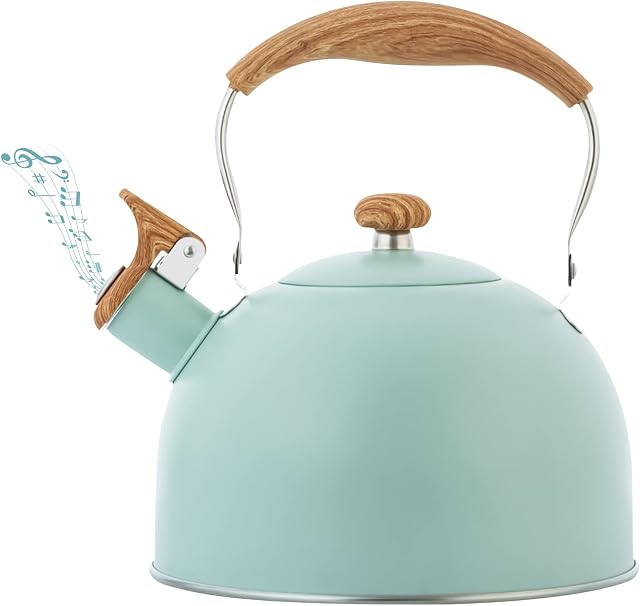 Stove Top Kettle with Whistle,2.5L Stainless Steel Whistling Kettle with Wood Pattern Handle,Turquoise Green Whistling Tea Kettle for Stove Induction Gas Hob