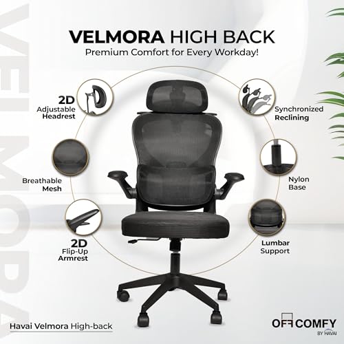 Image of HAVAI Velmora Ergonomic Office Chair | High Back Mesh Chair with Reclining Mechanism, Adjustable Armrest, Headrest & Lumbar Support | Nylon Base & Wheels | Executive /WFH Chair (Black)