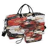 Bolsa de viaje de viaje para fin de semana con artículos de aseo para gimnasio, juego de 2 piezas con mariquitas rojas y flores