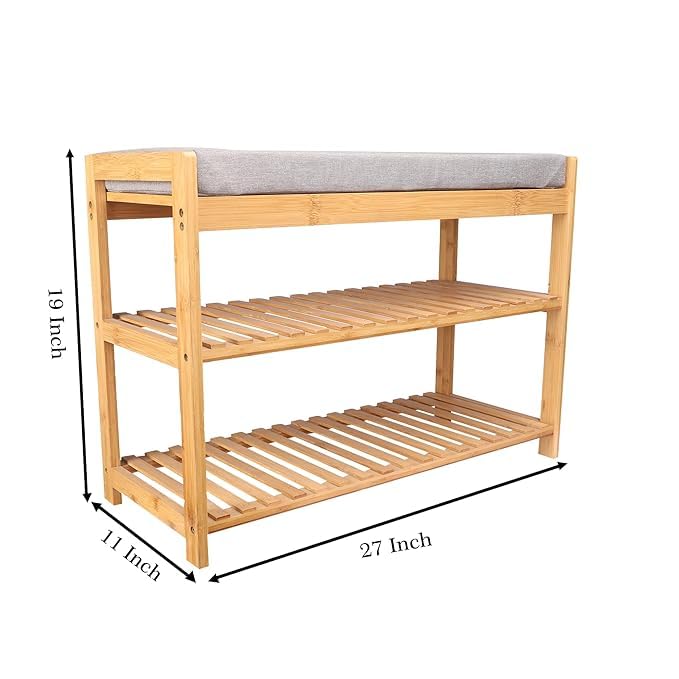 Keeam Decor 3-Tier Wooden Shoe Storage Bench with Cushioned Seat, Natural Bamboo Frame, Grey Cushion 1