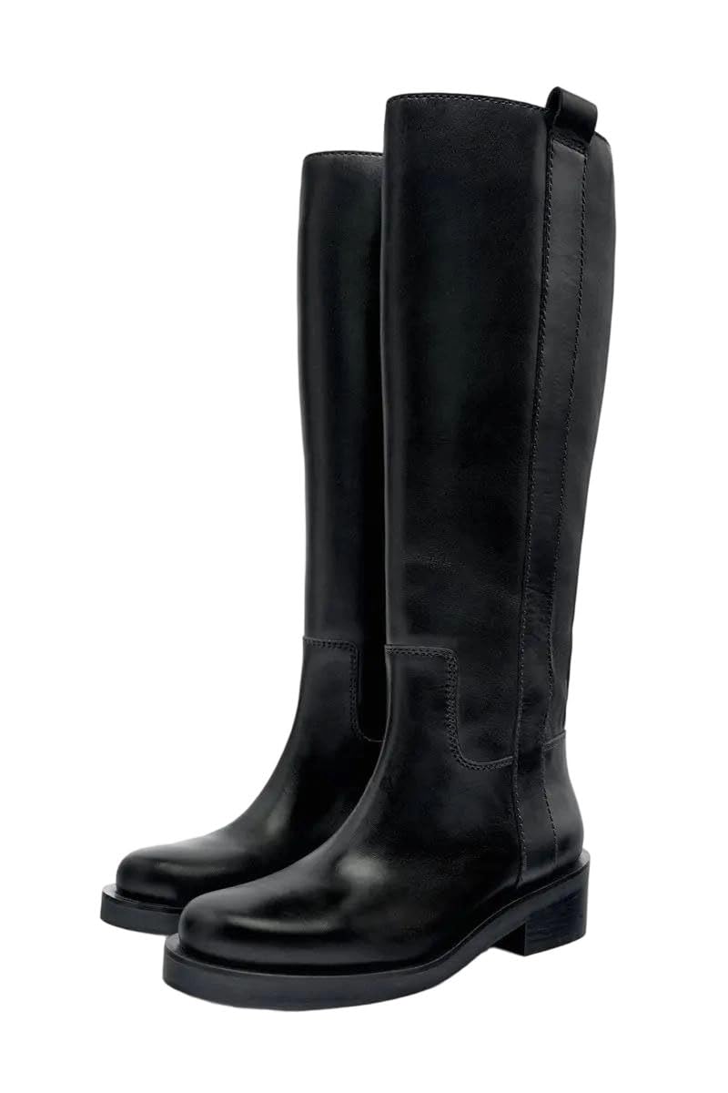 Womens Solid Cow Leather Round Toe Flat Heel Slip On Knee High Straight Knight Boots