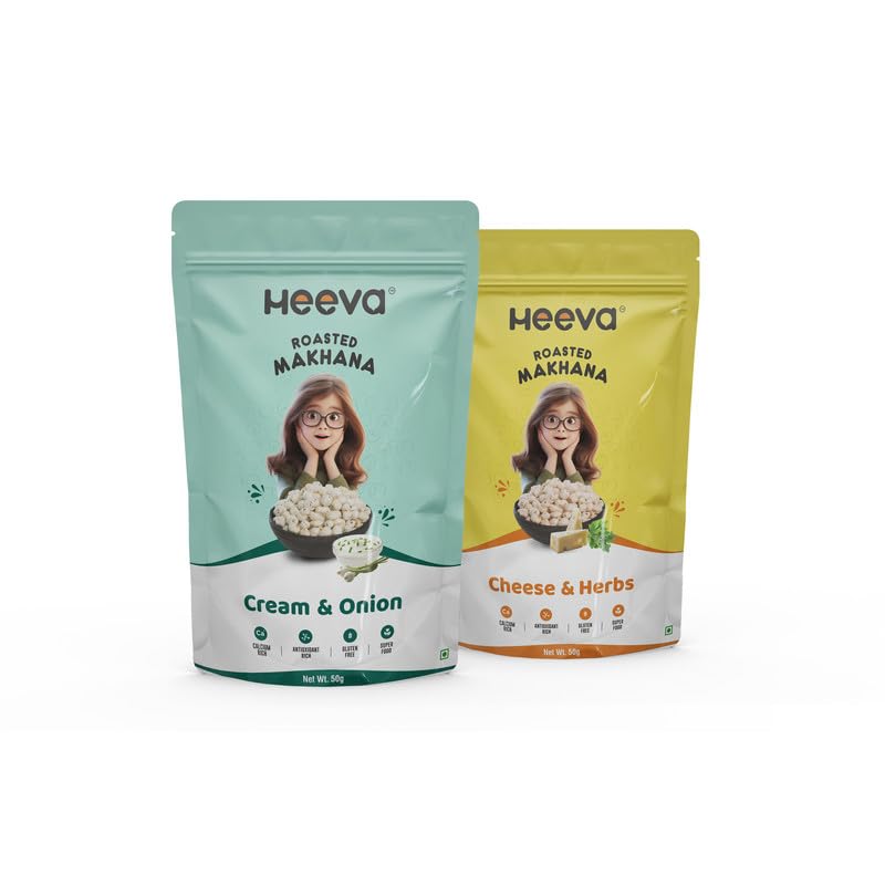 Heeva Roasted Makhana | Foxnut | Combo Pack of cream & onion and Cheese and Herb Flavour 50g (Pack of 2) | Healthy Snacks | No Cholesterol | Calcium Rich | Phool Makhana