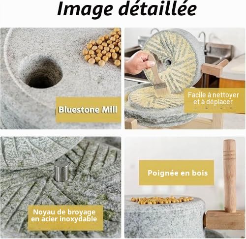 Moulin à grains manuel pour farine, moulin à grains en pierre avec cadre en bois, moulins secs/humides, moulin à grains en pierre, pour grains, fèves, orge, épices