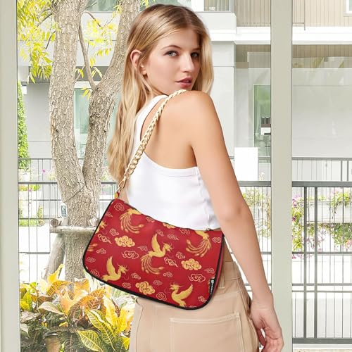 Gold Birds Swirl Cloud Red Floral Shoulder Bag for Women Hobo Totes Purse Bags Chain Strap Zipper Phone Purse Cute2