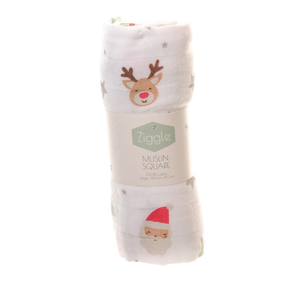 Ziggle Unisex Cotton Muslin Square - Christmas Reindeer & Santa - Extra Large - White