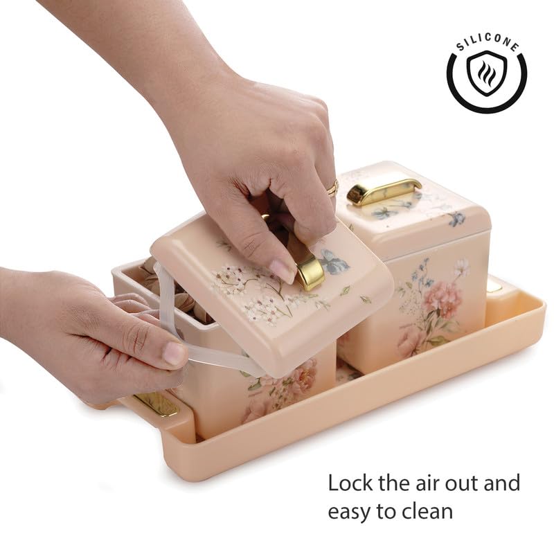 Image of Nayasa Miracle Dry Fruit, 2 pcs Container Serving Tray Set | 600 ML Each | Multipurpose Plastic Serving Set | Premium Design | BPA Free | Food Grade | Air-Tight Lid | Snack Organizer Tray | Beige