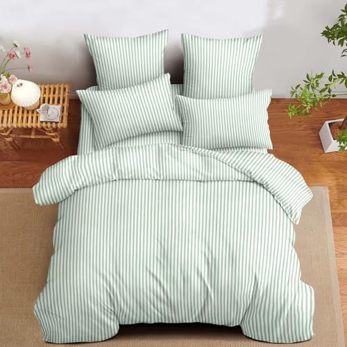 Image of Nayoroom Green Striped Duvet Cover Queen White Stripe Bedding