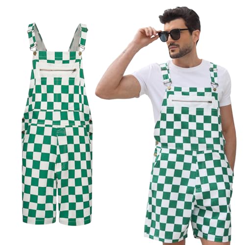 Giftdigger Checkered Overalls St Patricks Day Overalls Green and White Checkered Overall Men Women St Patricks Costume St.Patrickss Day Outfit Green Checkereds Pants Overall Short XL