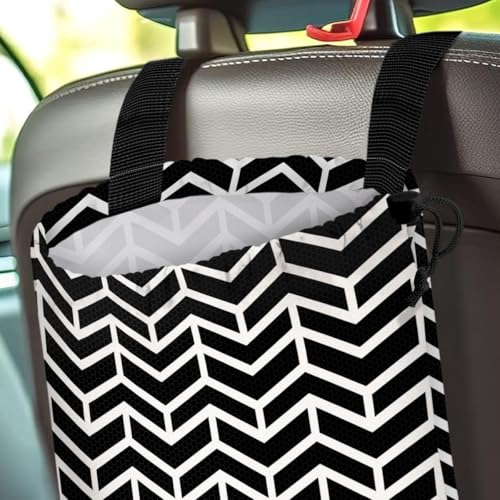 Image of Car Trash Bag Hanging Back of Seat Waterproof Small Cute Printed One-Handed Strap Drawstring Garbage Bags for Car-Black White
