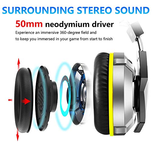 Gaming headset, hoofdgemonteerde gaming headset, met led-lampje & ruis annuleren microfoon, telescopische microfoon, 360 ° surround geluid, voor Xbox, PS4, pc,Yellow - Afbeelding 6