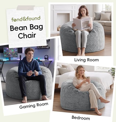 Image of 3FT Bean Bag Chair Bean Bags for Adults Large Bean Bag Beanbag Chair with Washable Cover Quilted Plush Fluffy Bean Bags Memory Foam Bean Bag Chairs Pocket Handle for Bedrooms Living Room Office(Grey)