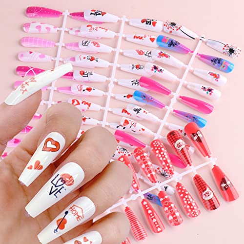 96 Pieces Long Coffin False Nails Valentine's Day Fake Press on Nails Kit Artificial Fingernails Valentines Full Cover Nail Kits 12 Sizes Decor Nail for Women Girls Kids (Valentine‘s Day)