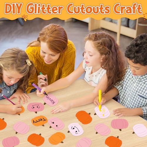 Image of Autumn Pumpkin Glitter Cutouts - 100Pcs Thanksgiving Pumpkin Shaped Cut-Outs Fall Paper Die Cut with Glue Points for Holiday Party Baby Shower Home School Classroom Bulletin Border Wall Decorations