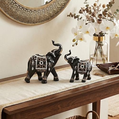 Image of Kuber Industries Set of 2 Elephant Figurines Idol for Home Decor | 6x5.5 Inch Resin Vastu Wealth, Prosperity Gift for Diwali & Housewarming | Black & Golden