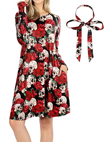 Vestido de Manga Larga con Calavera y Columpio, túnica de Mujer, Vestidos de Halloween con Bolsillos, Rojo Suelto, Navidad, Otoño Invierno Cover