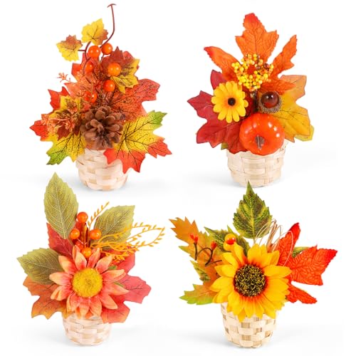 4 Pieces Artificial Fall Potted Flowers, Small Fall Fake Plant with Pumpkins Maple Leaves Berries Sunflower Pinecone Bamboo Basket Fall Table Decor for Harvest Farmhouse Home Party Thanksgiving Day