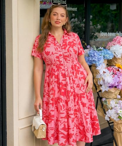 Image of CARCOS Plus Size Dresses for Curvy Women Collared Vneck Short Sleeve Dresses Midi Summer Ruffle Dress with Pocket XL-5XL
