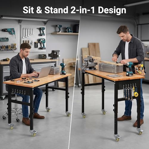 Image of 48 inch Adjustable Workbench, 8-Level Height Adjustable Rolling Work Table with Casters & Scale, Sit & Stand 2-in-1 Garage Tool Table with Pegboard & Hooks, for Workshop, Warehouse, DIY Projects