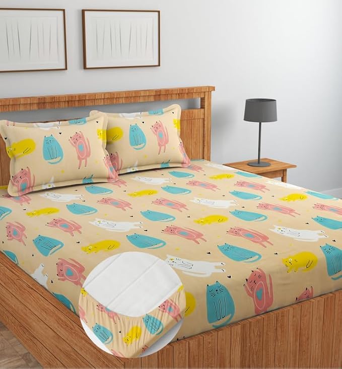 Image of RD FABS Glace Cotton Wrinkle Free Soft Hypoallergenic Elastic Fitted Cartoon Printed Bedsheets for Kids with 2 Pillow(Size,78 x 72 Inches(Fits up to 8 Inch),Cream Cat),Double Bed,300 TC
