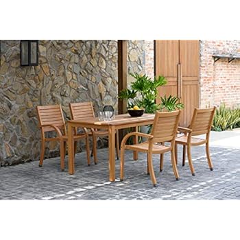 Alternative view of Amazonia Angelo 5 Piece Rectangular Eucalyptus Patio Dining Set | Teak Finish and Stackable Chairs| Durable for Outdoors