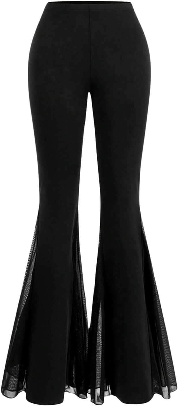 GORGLITTER Women's Lace Goth Bell Bottom Pants Mesh Flare High Waisted Flared Leggings