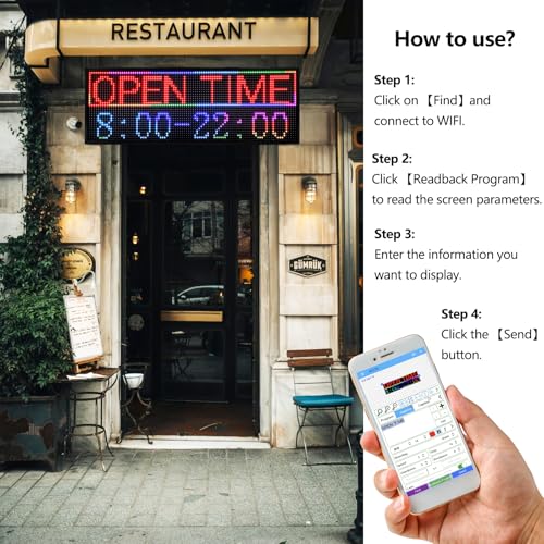 Image of P10 Outdoor /Indoor Programmable LED Sign, 4000CD /㎡ High Brightness Scrolling Display, WiFi Control, Customizable Message Board for Business Advertising, Restaurants, Stores, Bars 40 inchx14 inch
