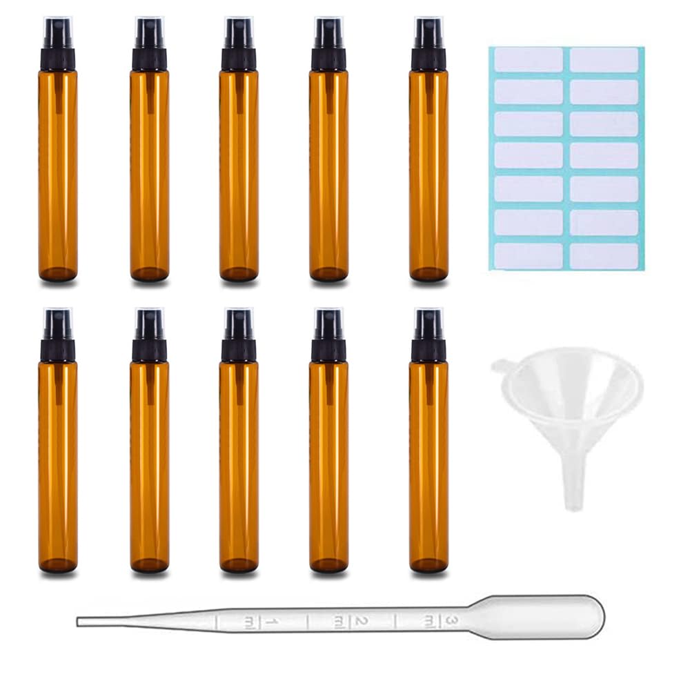 SKYPRO 10Pcs 10ml Amber Glass Spray Bottles, Fine Mist Spray Bottles with Pipette Funnel Labels, Mini Travel Dispenser Bottles for Essential Oils Cleaning Skin Care