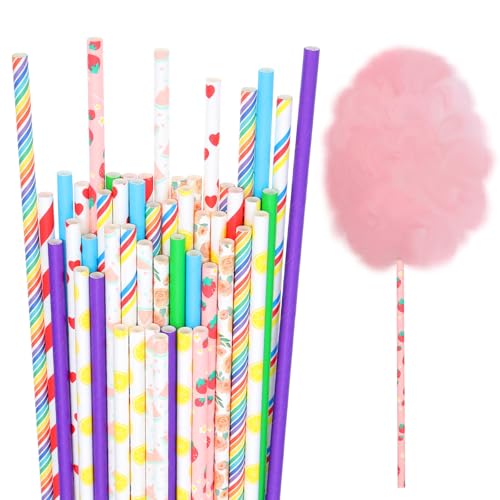 50PCS Candy Floss Sticks Cones 28cm Bright Random Colors Paper Straw Cones Sticks Cotton Candy Holder Supplies Bulk for Birthday Wedding Holiday Parties Events Fluffy Marshmallow Making