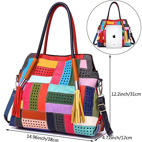Women Genuine Leather Tote Multicolour Patchwork Hollow Shoulder Handbag Purses2