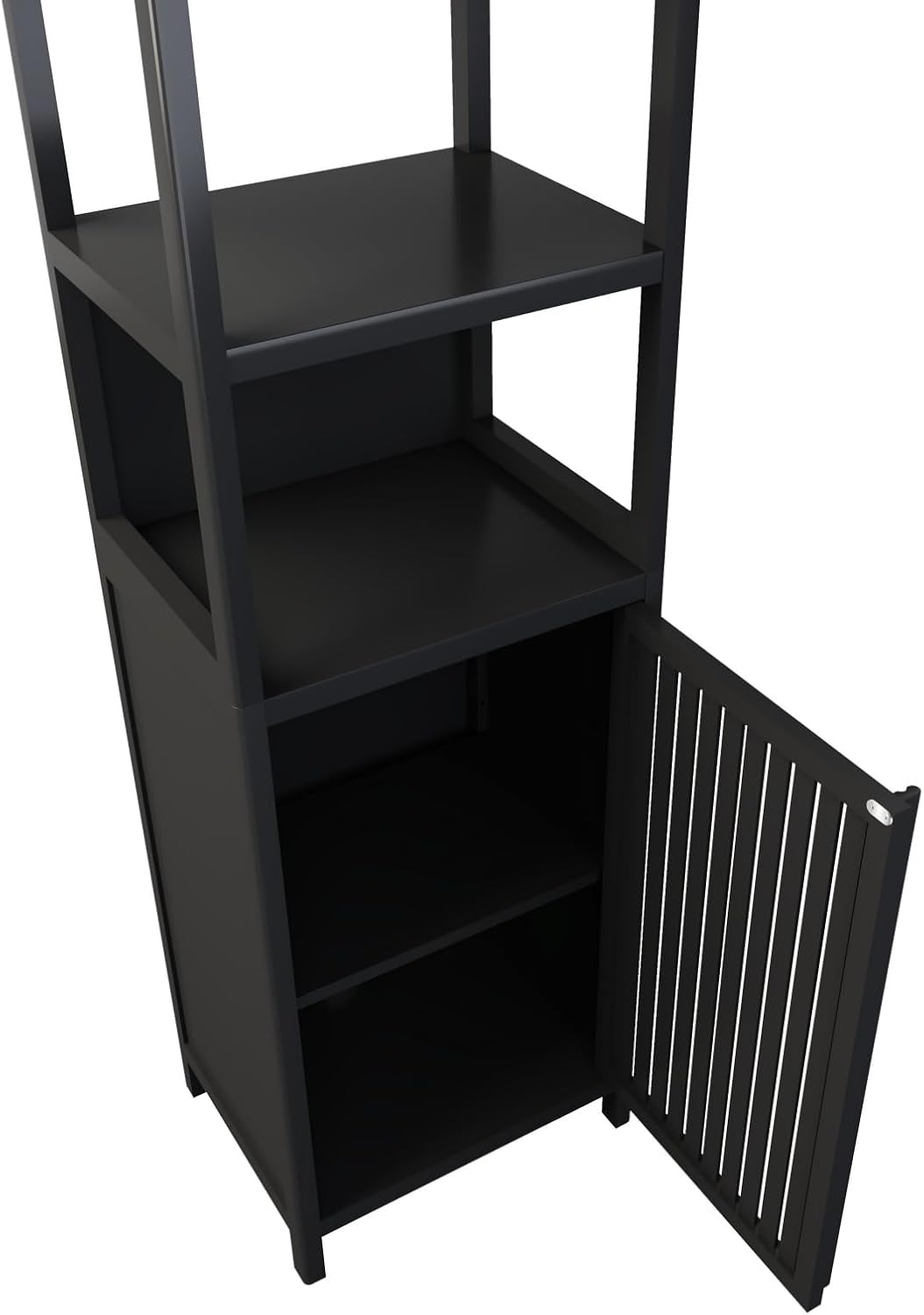 Black Storage Tall Slim Cabinet with Shutter Door and 3 Tier Shelves, Freestanding Linen Tower Cabinet for Living Room, Kitchen, Bathroom Organizer, Natural Bamboo