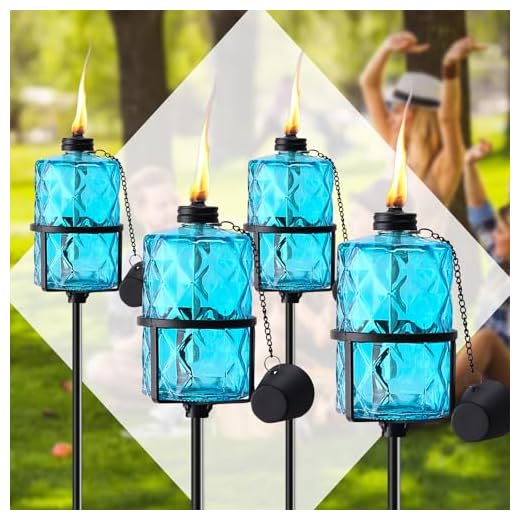 ZSPENG 4 Pack Blue Glass Garden Torch 12 oz Outdoor Torch Garden Décor,60-Inch Upgraded Citronella Torches with 3-Prong Grounded Stake for Party Patio Pathway