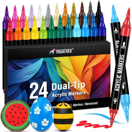 Pagather Acrylic Paint Markers 24 Colors Dual Tip Fine & Brush Pens Set