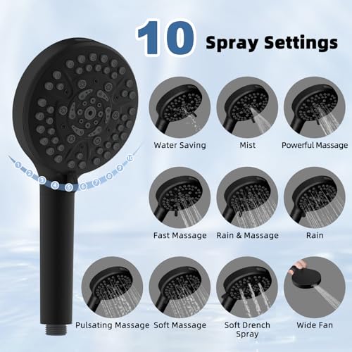 Image of Metal 10 inch Rain Shower Head with Handheld, High-Pressure Showerhead,10-Mode | Black, Rainfall Shower Head with 5 inch Large Handheld Spray, Adjustable 16 inch Shower Extension Arm /71 inch Hose, Brass 3-Way Diverter